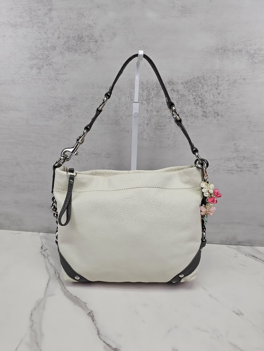 Coach Carly Y2K Bone Pebbled Leather Hobo Bag With Grey Trim